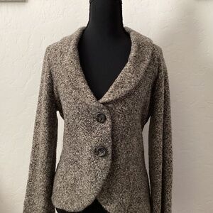 CAbi sz M, marled button, sweater blazer, dark grey/tan